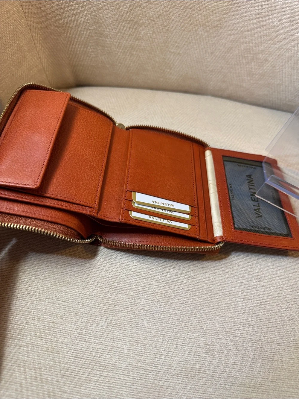 Valentina Compact Embossed Zip Wallet in Rust Tan with Gold Hardware